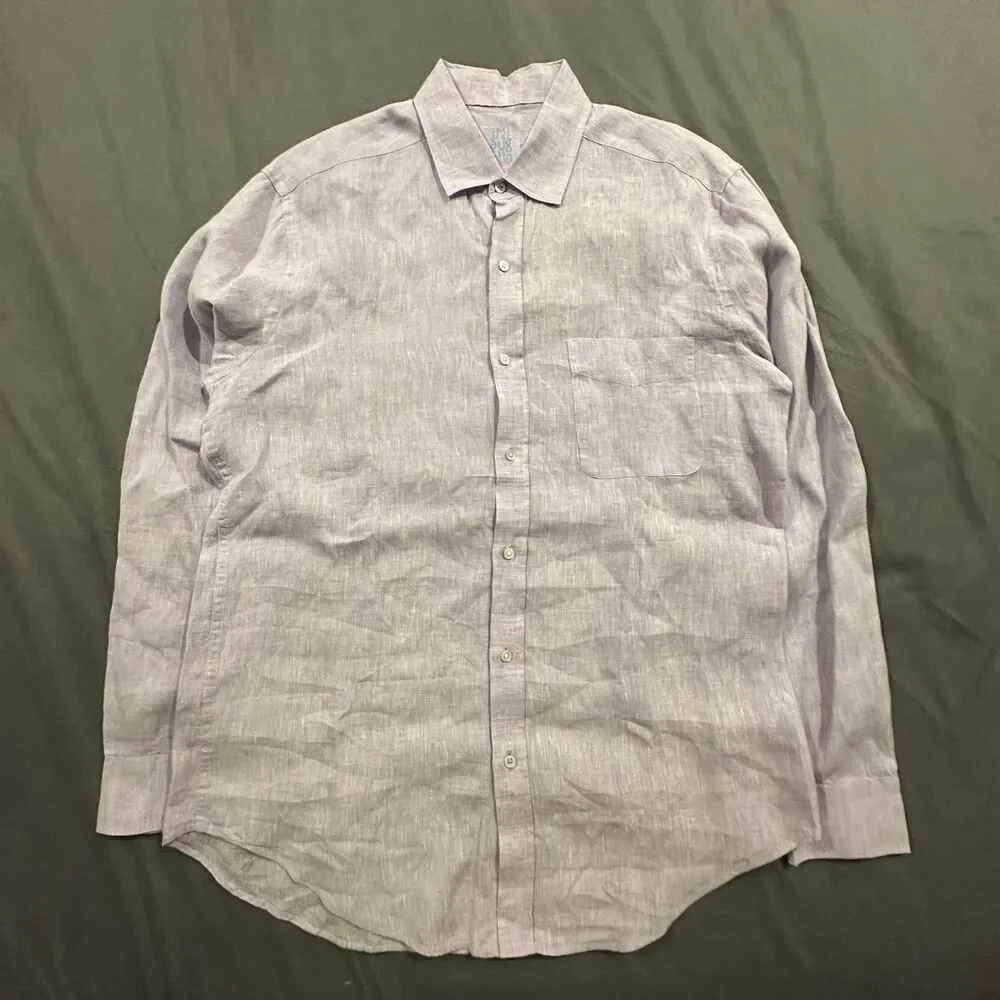 J Mclaughlin Shirt Mens M Button Up 100% Linen Beach Summer Dress Casual Purple